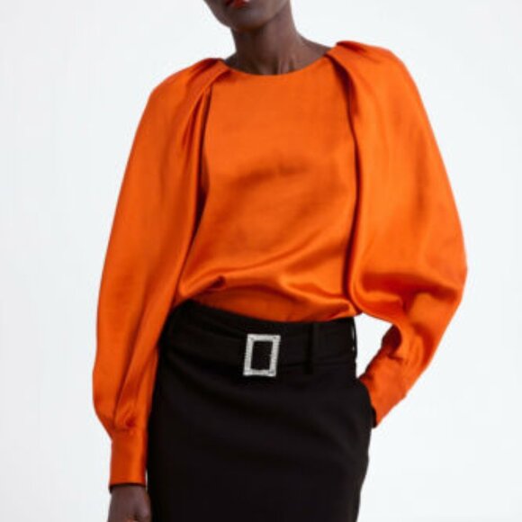 Zara Tops - ZARA WOMAN ORANGE SATIN VOLUMINOUS SLEEVE BLOUSE SIZE Small